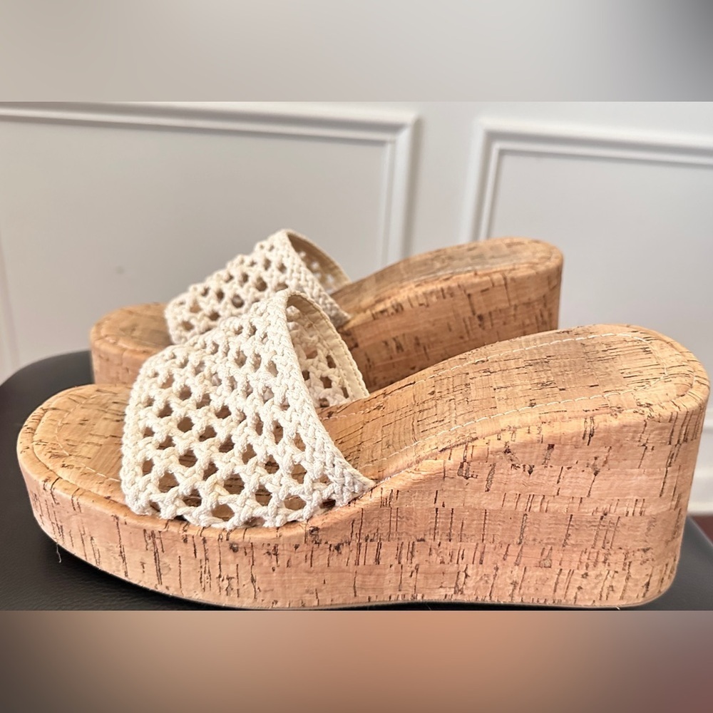 Women's Cream Woven Platform Wedge Sandals